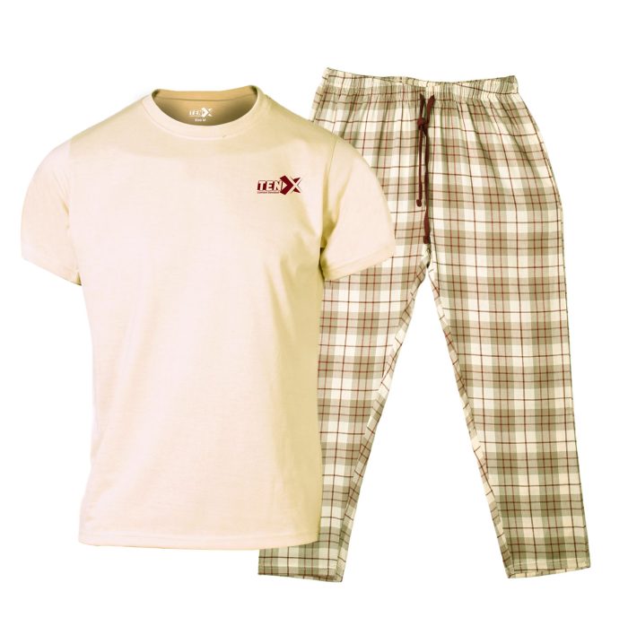 Beige Cotton T-Shirt with Brown Check Pajama Set