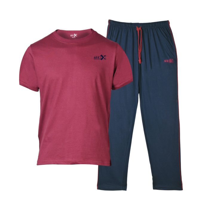 Burgundy Cotton T-Shirt with Navy Pajama Set – Soft Knit