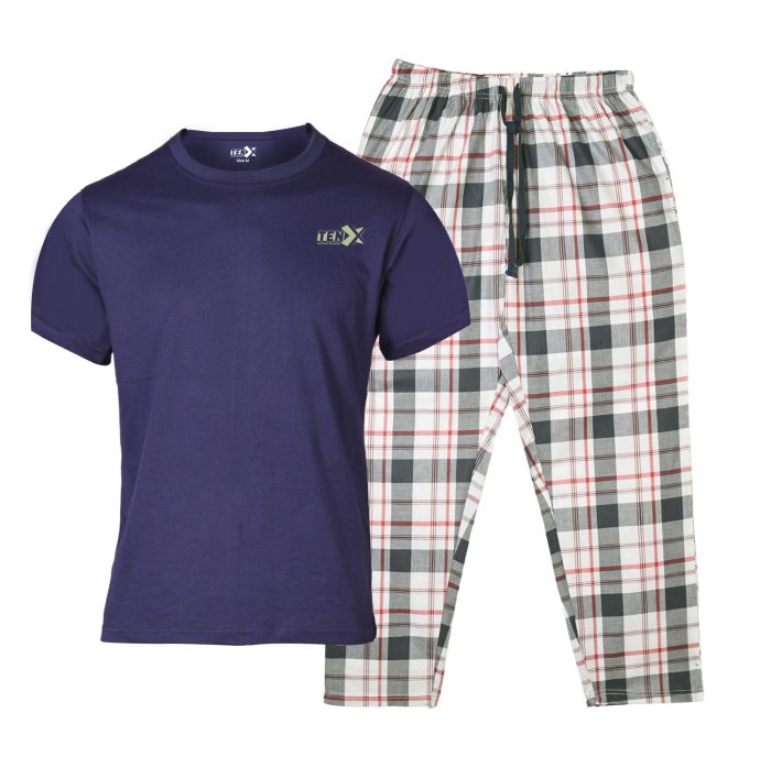 Navy Cotton T-Shirt with Blue Check Pajama Set