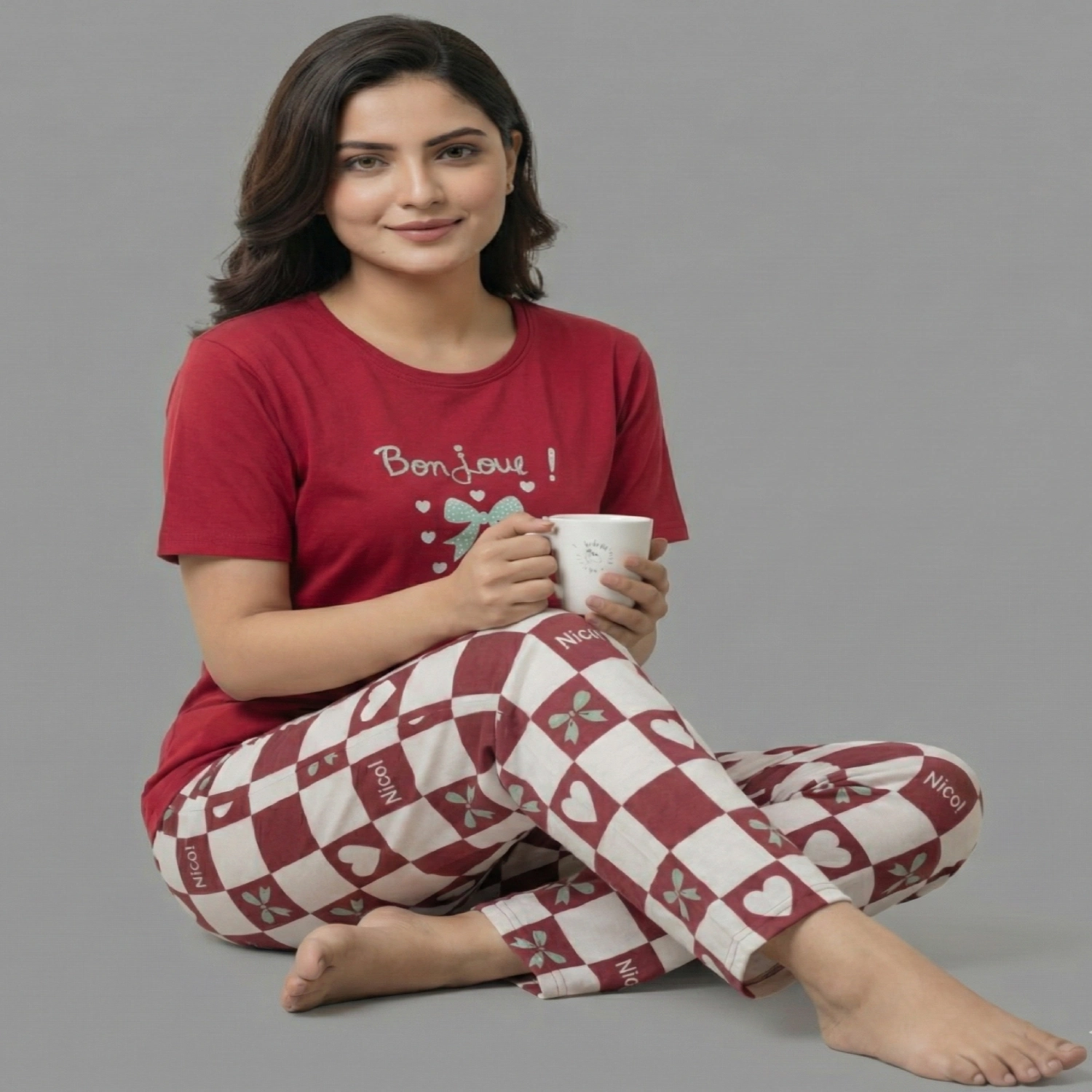 Women Cotton Jersey Night Suit (Burgundy) - Image 2