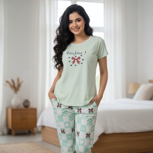 Women Cotton Jersey Night Suit (Green White)