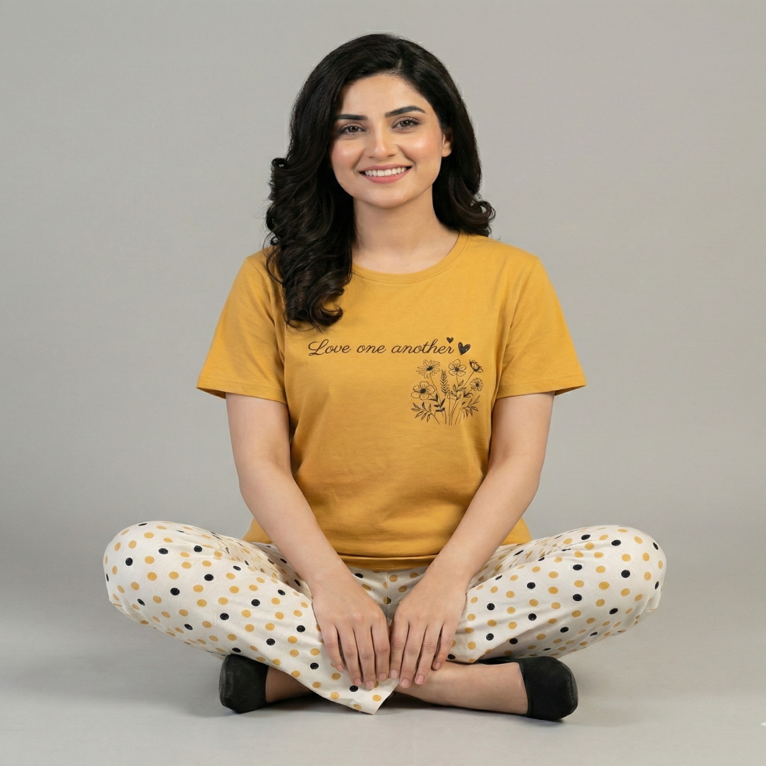 Women Cotton Jersey Night Suit (Mustard Yellow) - Image 2