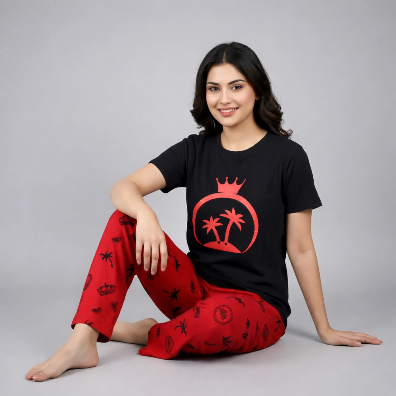 Women Cotton Jersey Night Suit (Black Red) - Image 2