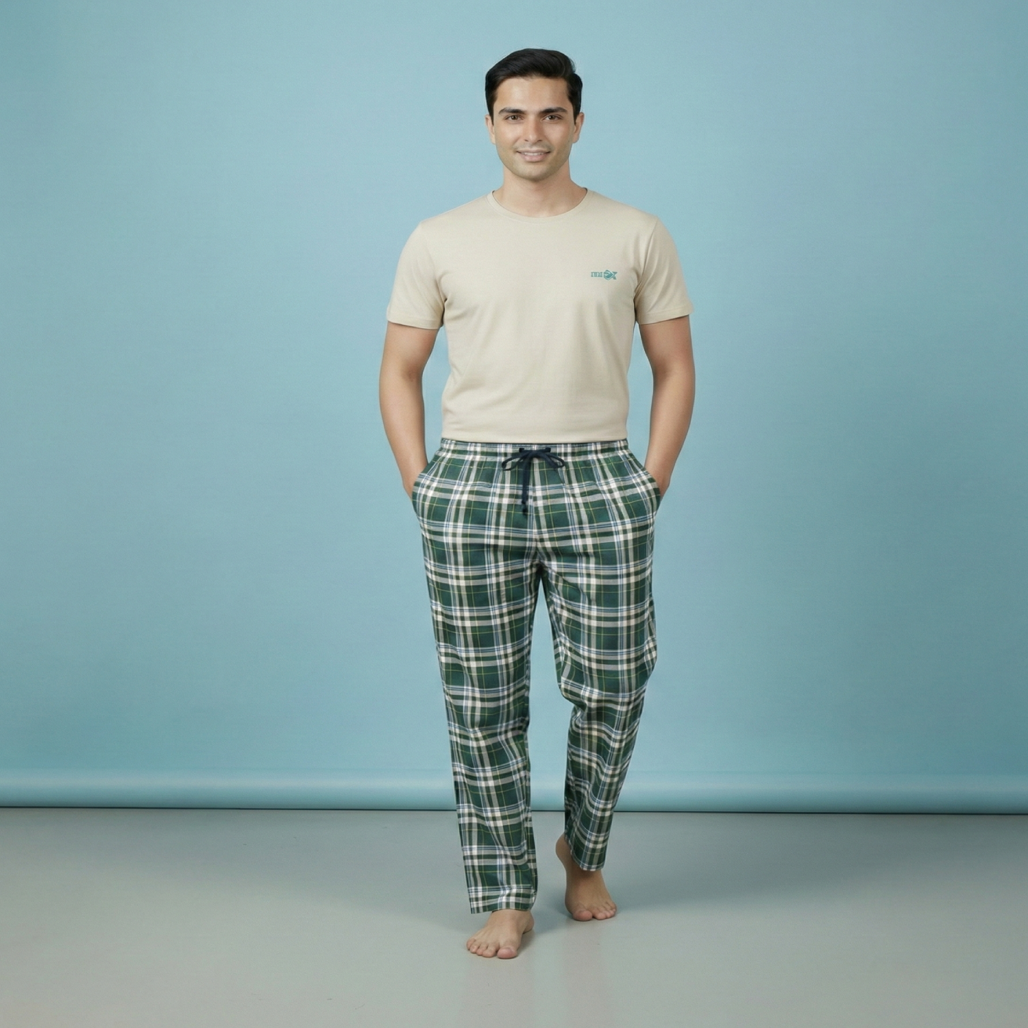Men’s wooven Cotton Pajama Suit (Cream Green Check) Men's wooven Cotton Pajama Suit (Cream Green Check)