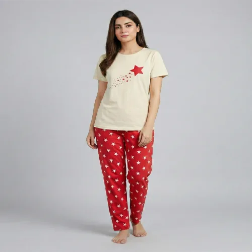 Women Cotton Jersey Night Suit (Beige Red)