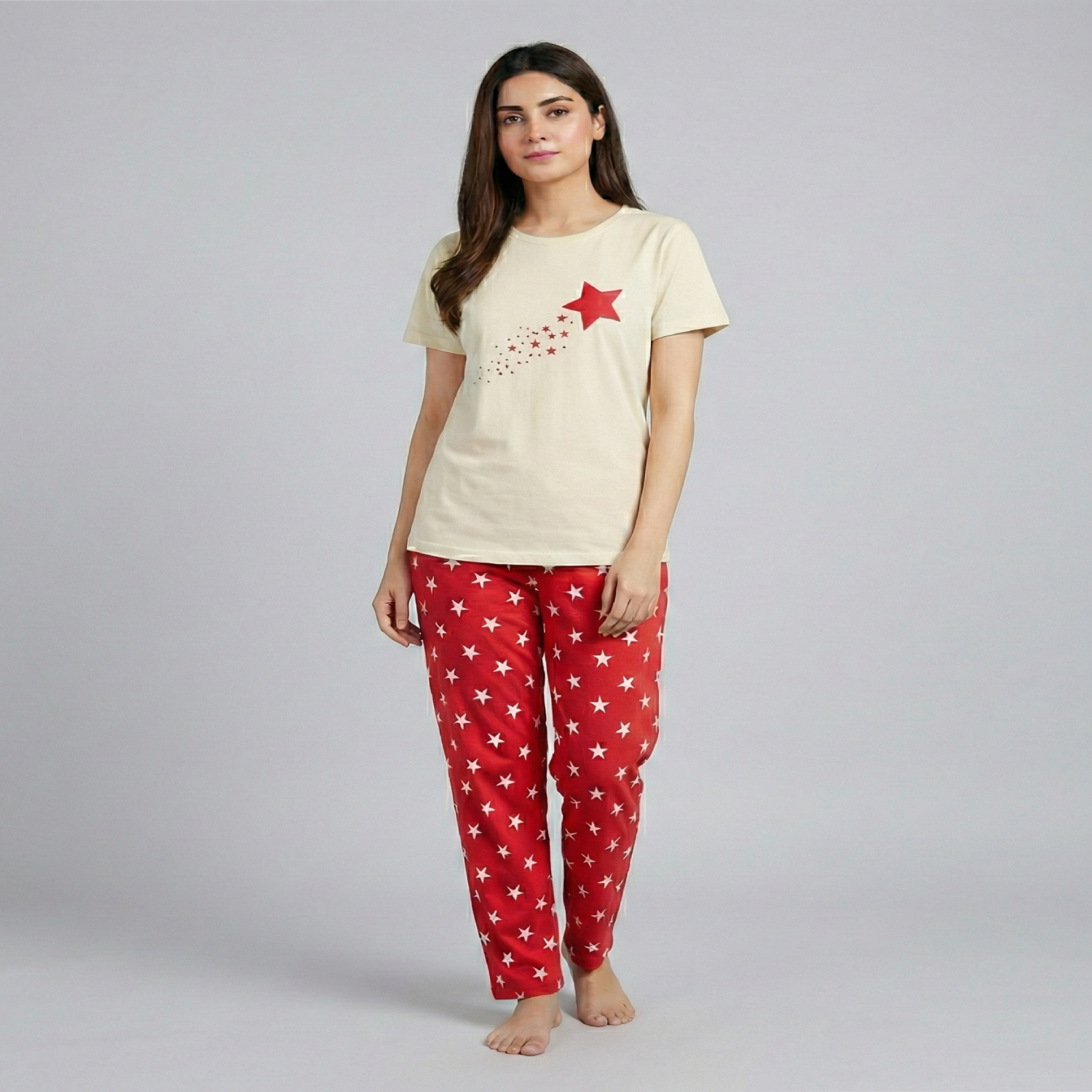 Women Cotton Jersey Night Suit (Beige Red)