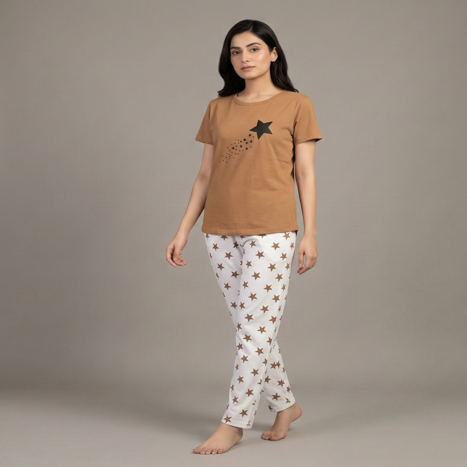 Women Cotton Jersey Night Suit (Brown White)