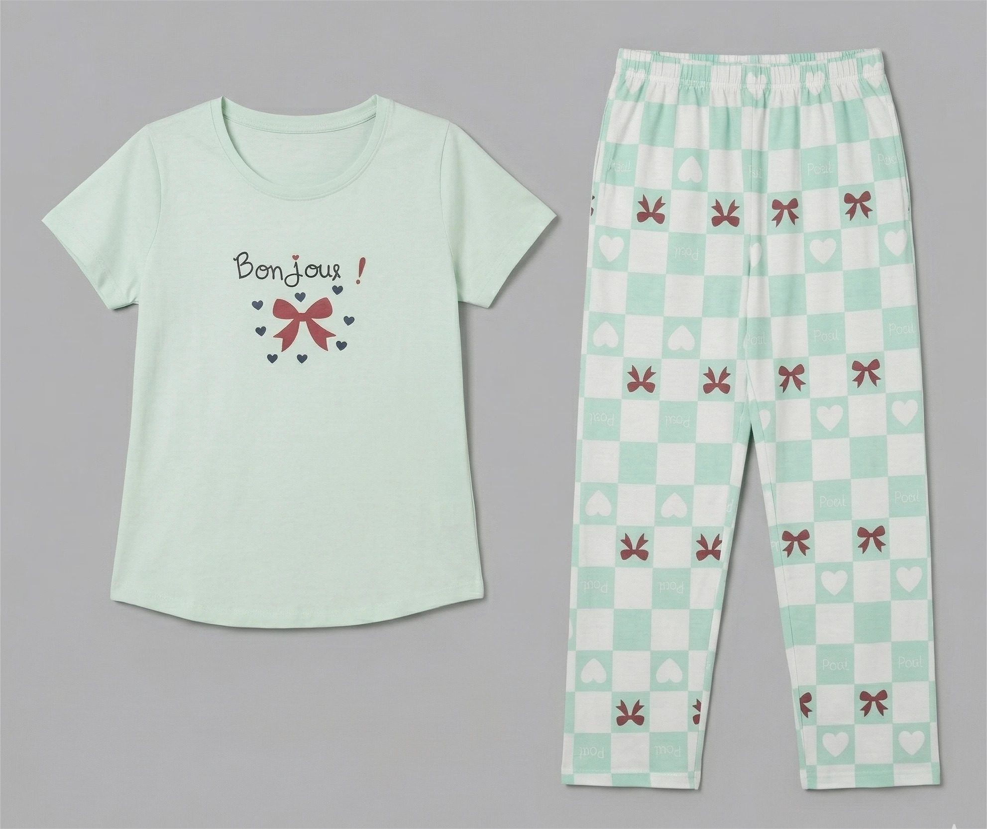 Women Cotton Jersey Night Suit (Green White) - Image 3