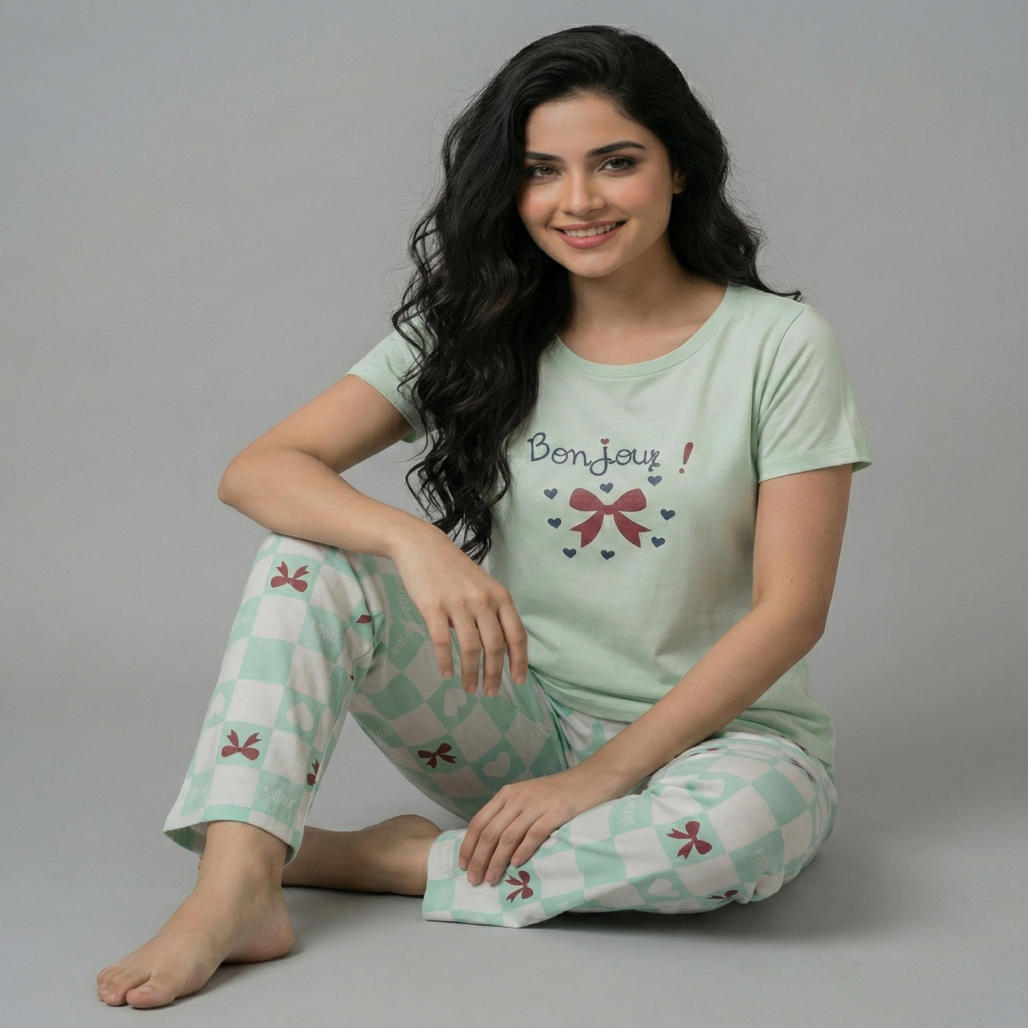 Women Cotton Jersey Night Suit (Green White) - Image 2