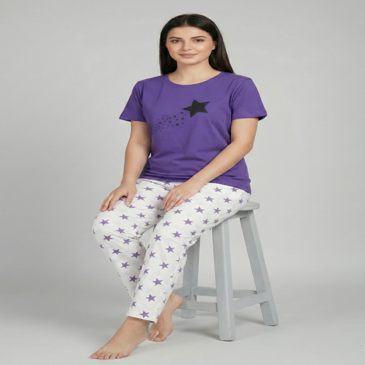 Women Cotton Jersey Night Suit (Purple White) - Image 2