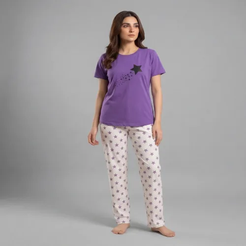 Women Cotton Jersey Night Suit (Purple White)