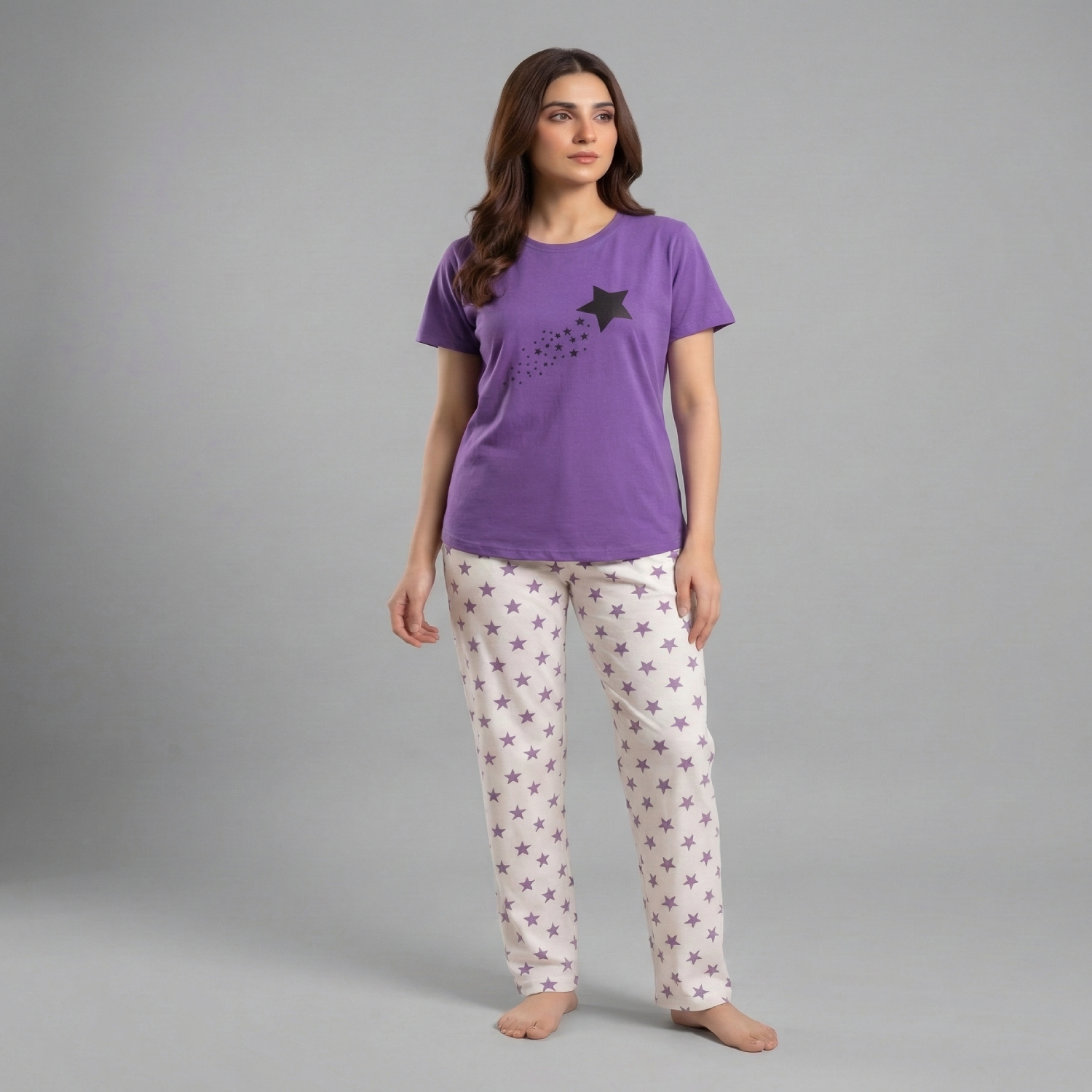 Women Cotton Jersey Night Suit (Purple White)