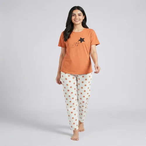 Women Cotton Jersey Night Suit (Rust White)