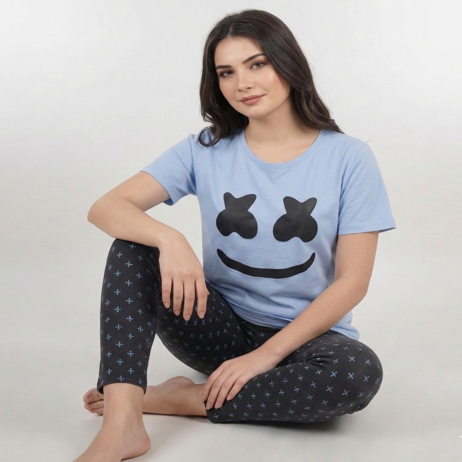 Women Cotton Jersey Night Suit (Sky Navy) - Image 2