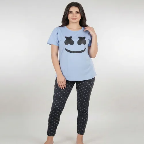 Women Cotton Jersey Night Suit (Sky Navy)