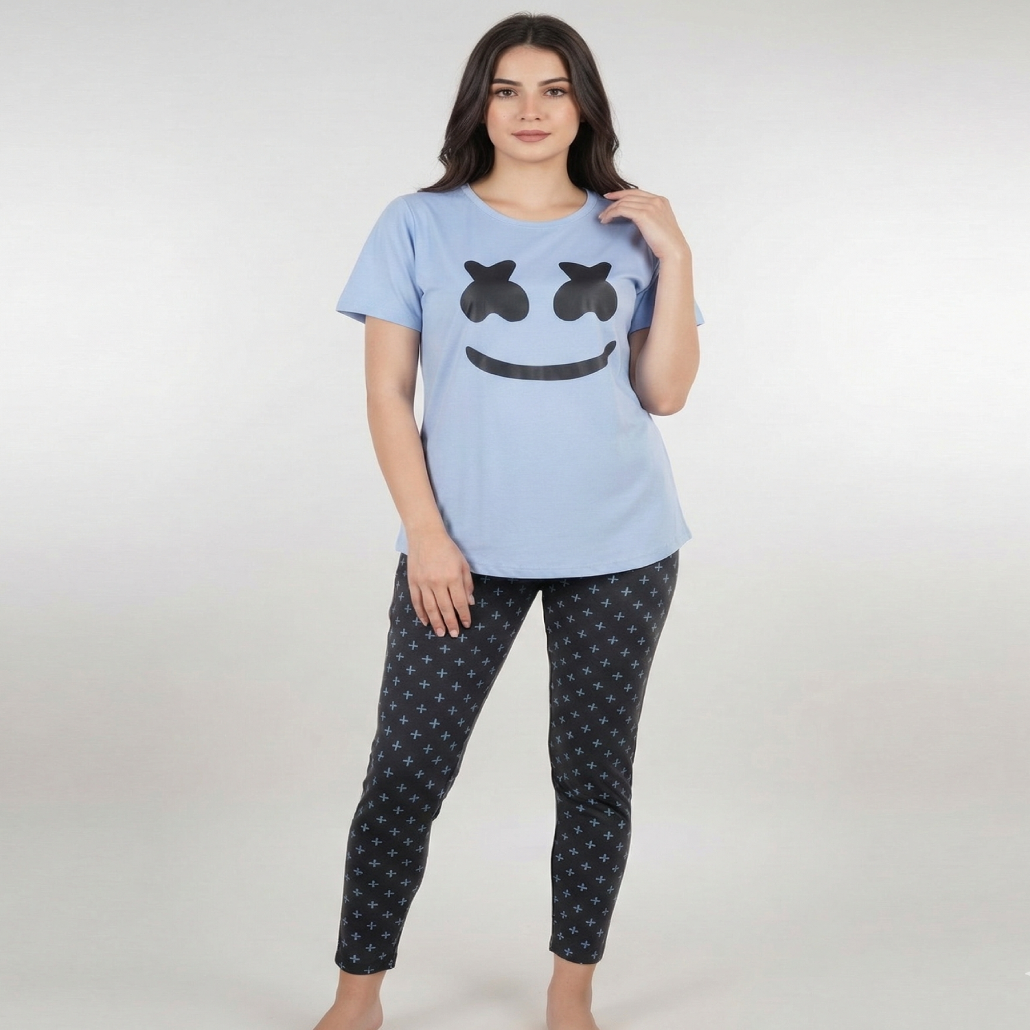 Women Cotton Jersey Night Suit (Sky Navy)