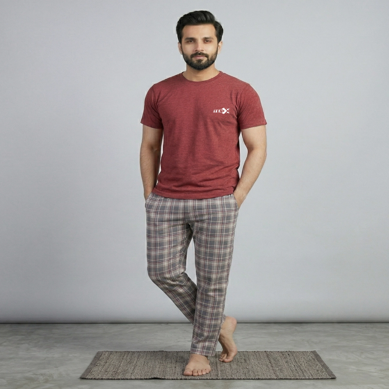 Men's wooven Cotton Pajama Suit (Burgundy White Check) - Image 2