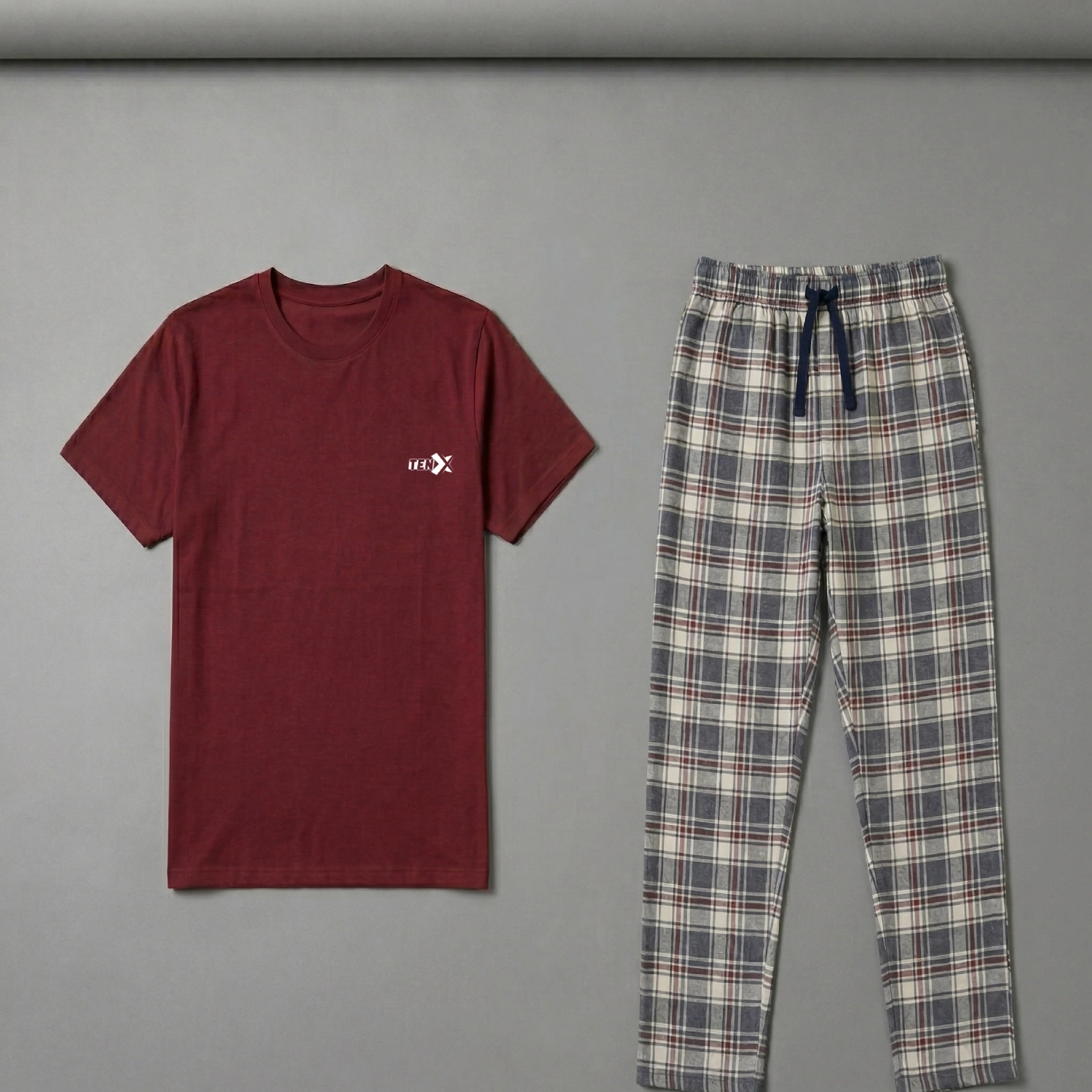 Men's wooven Cotton Pajama Suit (Burgundy White Check) - Image 3